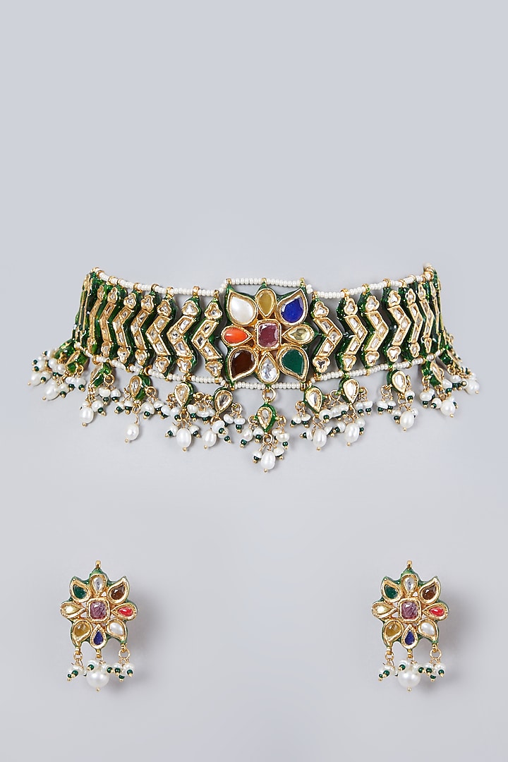 Gold Plated Kundan Polki & Navratna Floral Choker Necklace Set by Zevar By Geeta at Pernia's Pop Up Shop