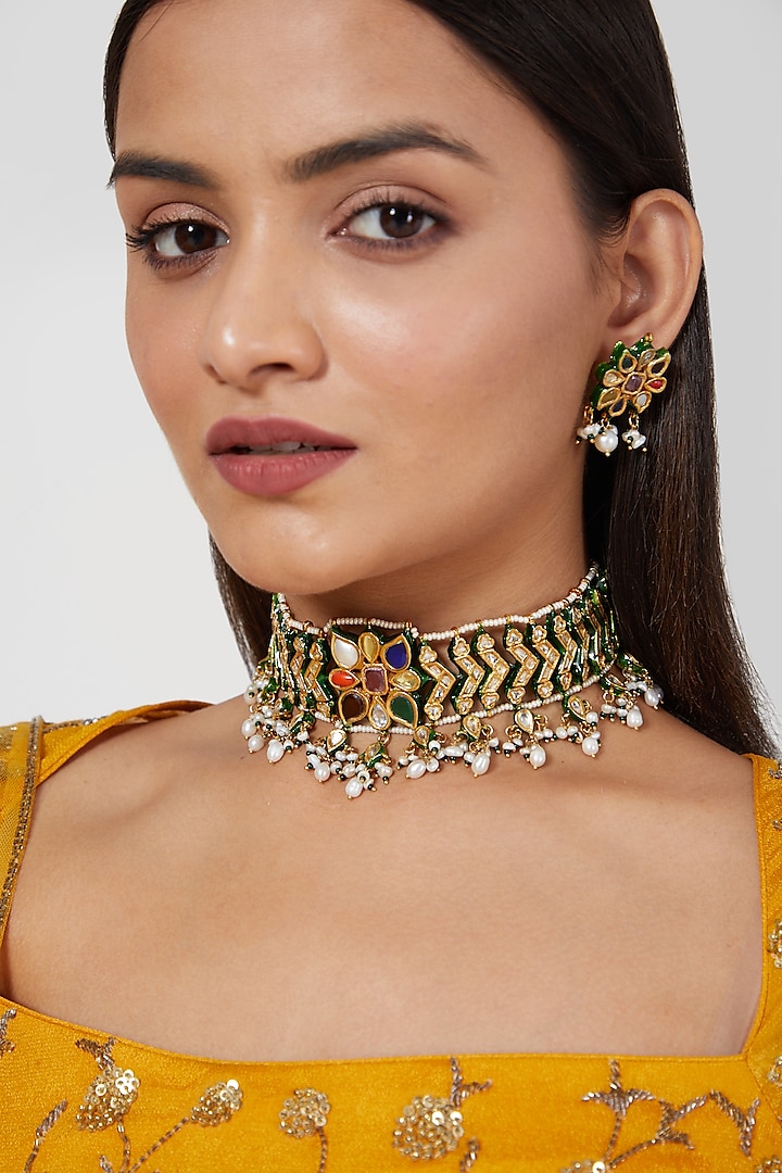 Gold Plated Navratna Floral Choker Necklace Set by Zevar By Geeta