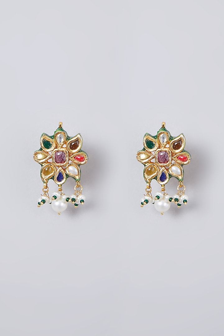 Gold Plated Kundan Polki & Navratna Floral Choker Necklace Set by Zevar By Geeta at Pernia's Pop Up Shop