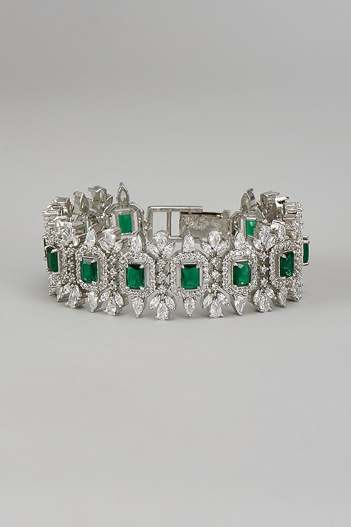 White Finish Diamond & Green Stone Bracelet by Zevar By Geeta at Pernia's Pop Up Shop