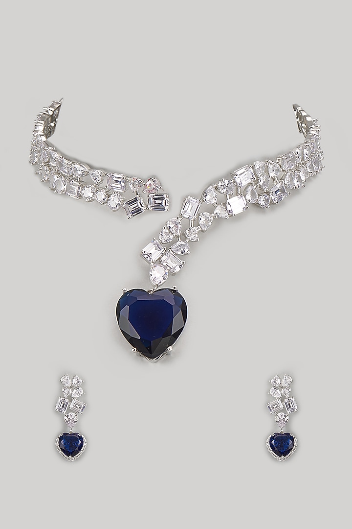 White Finish Diamond & Sapphire Choker Necklace Set by Zevar By Geeta at Pernia's Pop Up Shop