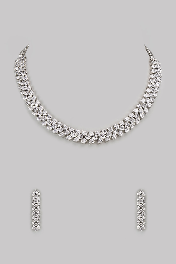 White Finish Diamond Necklace Set by Zevar By Geeta at Pernia's Pop Up Shop