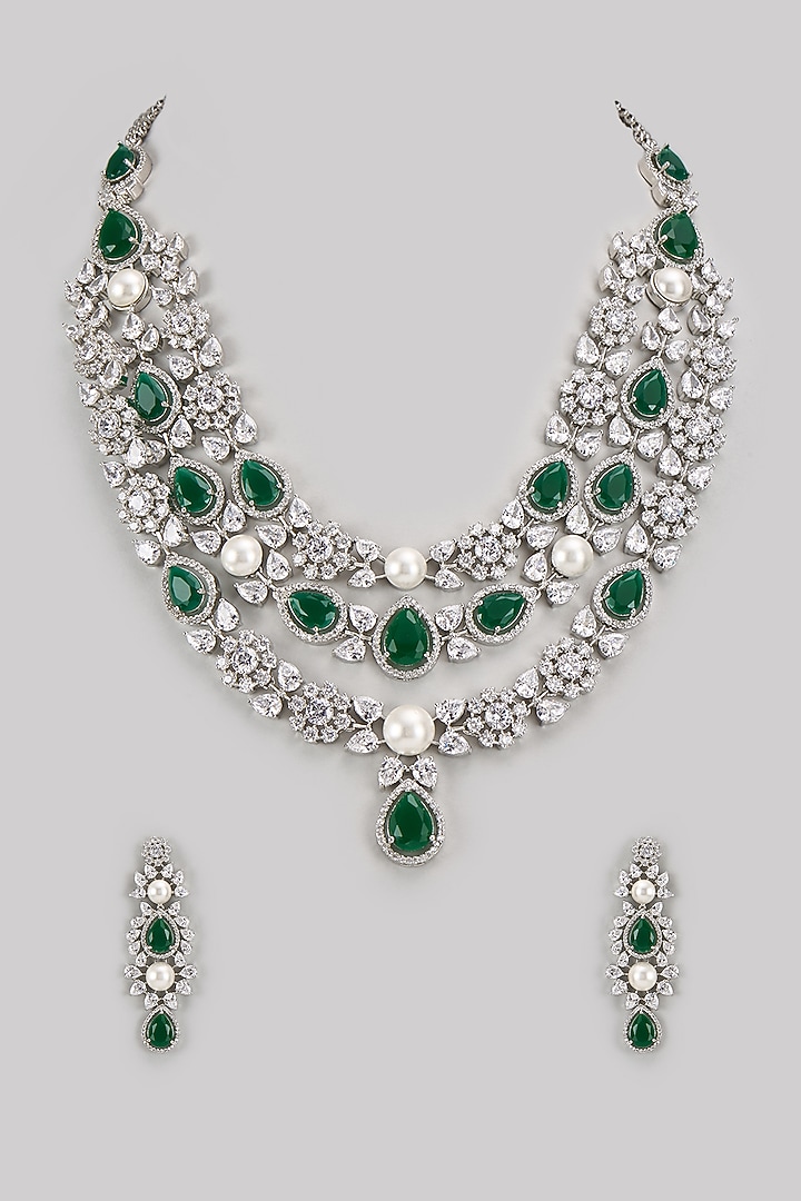 White Finish Diamond & Green Stone Long Necklace Set by Zevar By Geeta at Pernia's Pop Up Shop