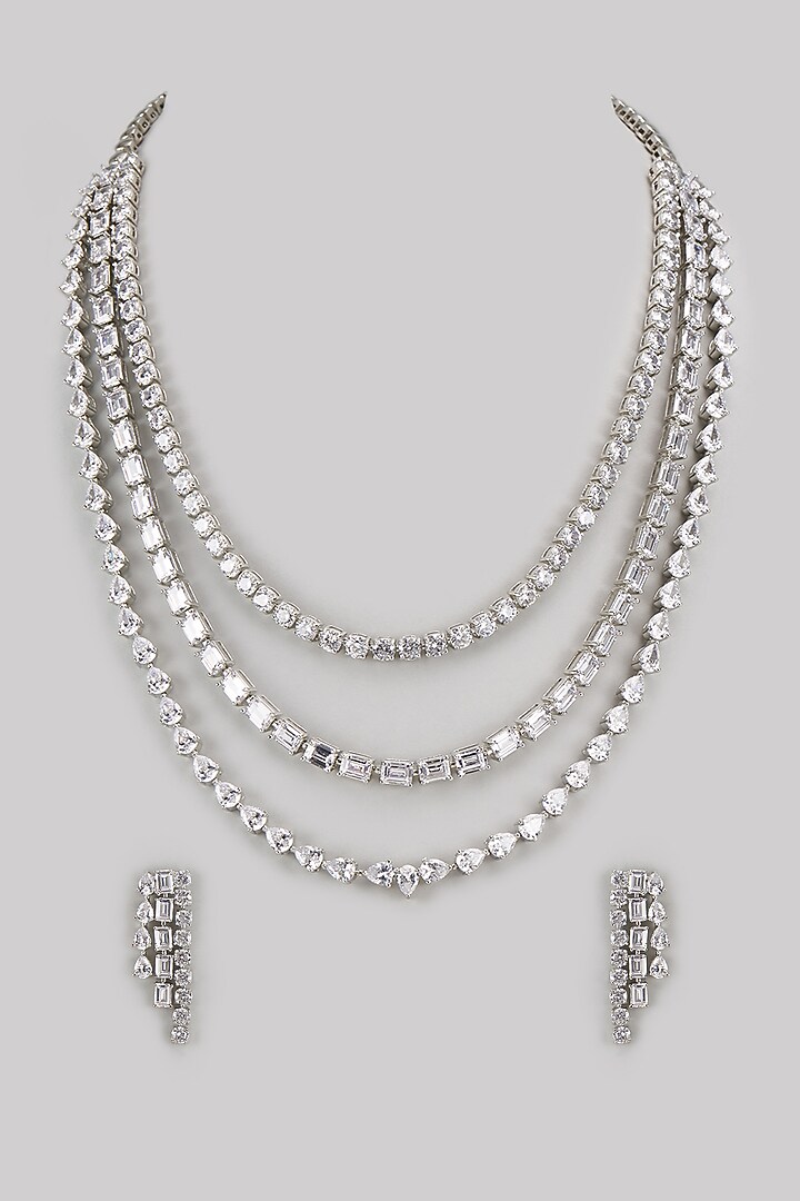 White Finish Diamond Layered Necklace Set by Zevar By Geeta at Pernia's Pop Up Shop