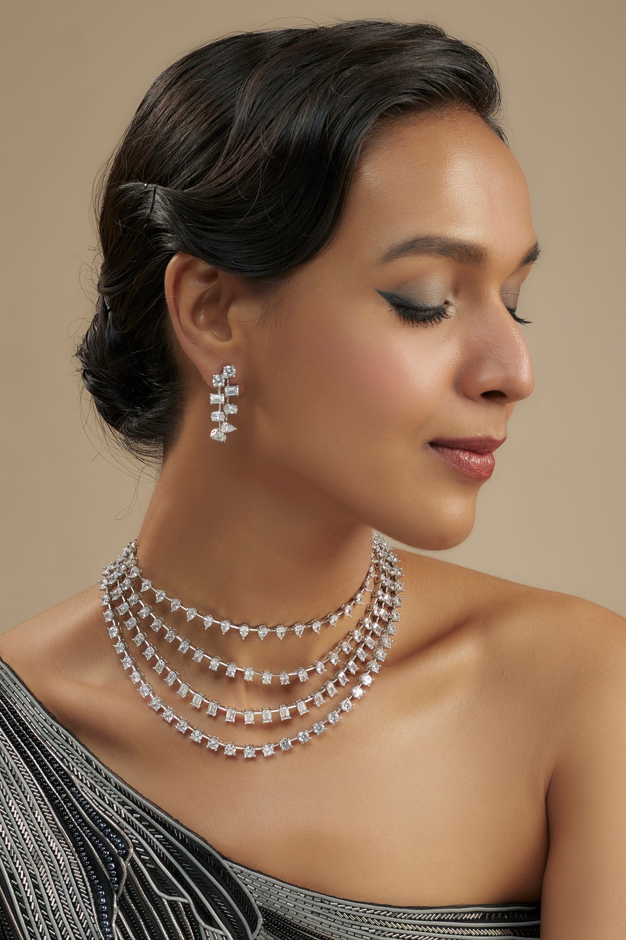 White Finish Diamond Layered Necklace Set by Zevar By Geeta at Pernia's Pop Up Shop White Finish Diamond Layered Necklace Set by Zevar By Geeta at Pernia's Pop Up Shop