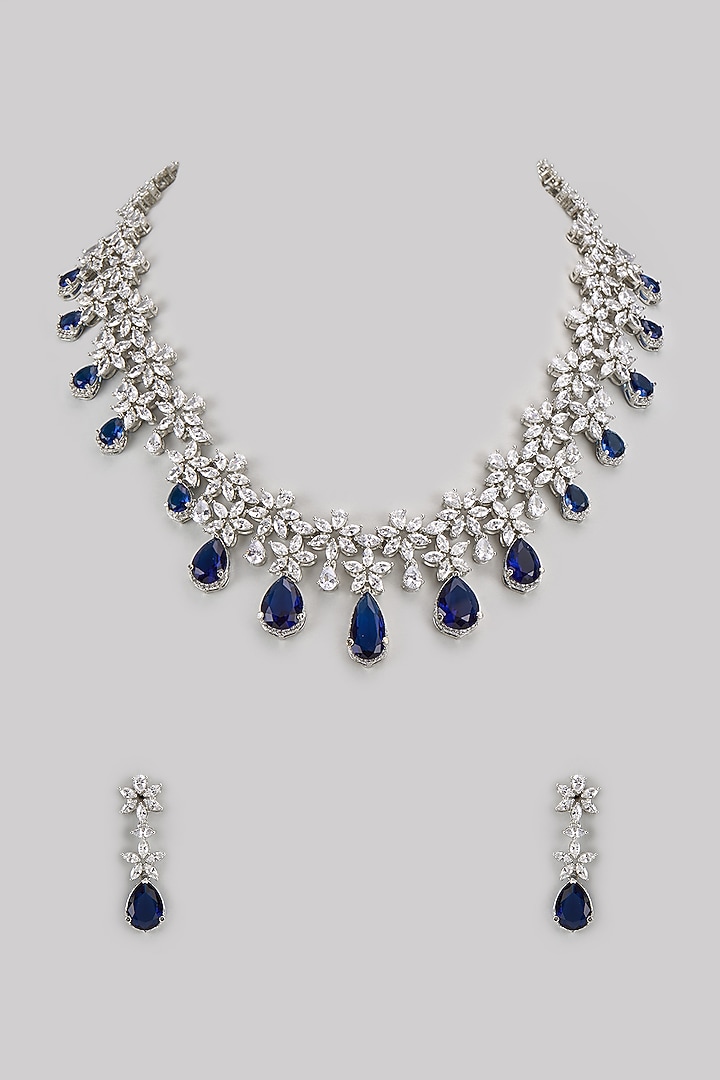 White Finish Diamond & Blue Stone Necklace Set by Zevar By Geeta at Pernia's Pop Up Shop
