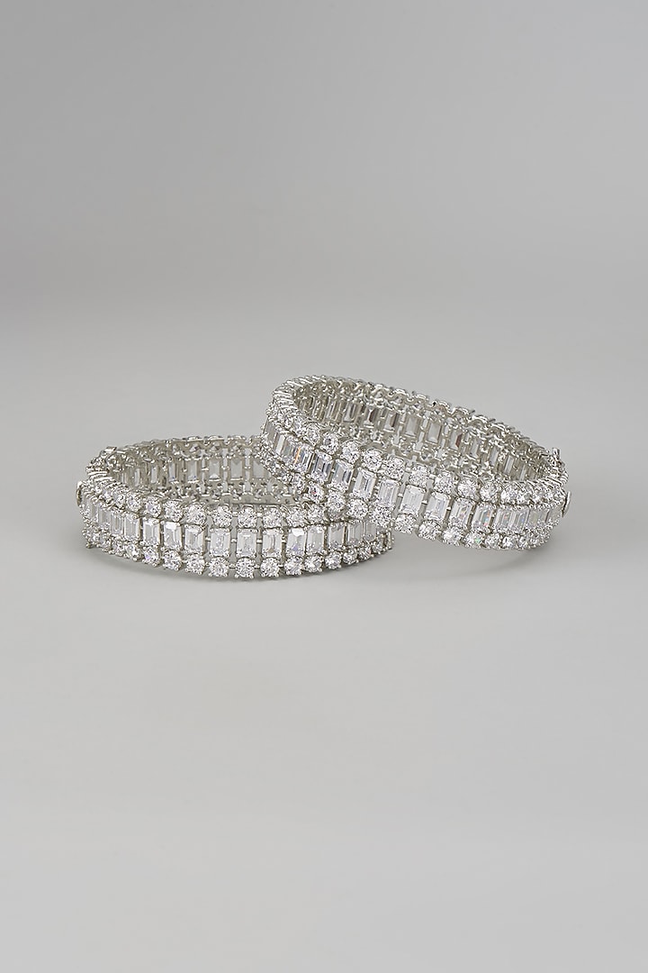 White Finish Faux Diamond Bangles (Set of 2) by Zevar By Geeta at Pernia's Pop Up Shop