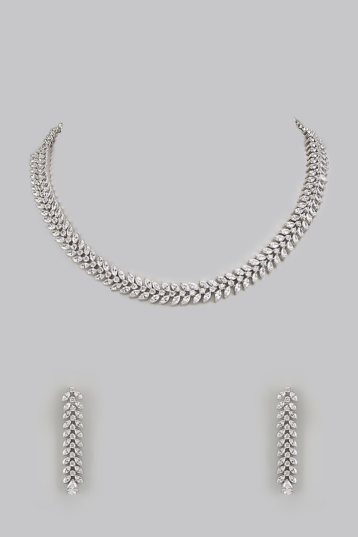 White Finish Diamond Necklace Set by Zevar by Geeta at Pernia's Pop Up Shop
