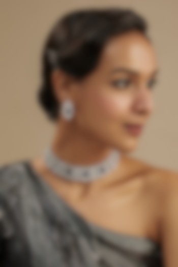 White Finish Diamond & Blue Stone Choker Necklace Set by Zevar by Geeta at Pernia's Pop Up Shop