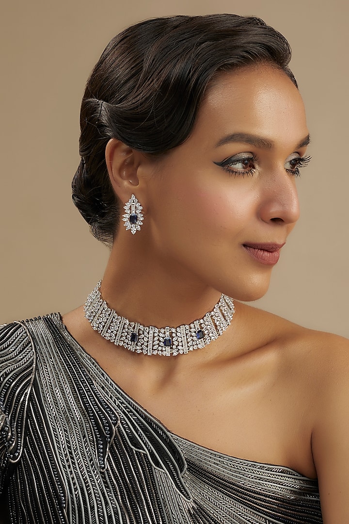 White Finish Diamond & Blue Stone Choker Necklace Set by Zevar by Geeta at Pernia's Pop Up Shop