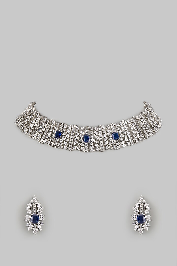 White Finish Diamond & Blue Stone Choker Necklace Set by Zevar by Geeta at Pernia's Pop Up Shop