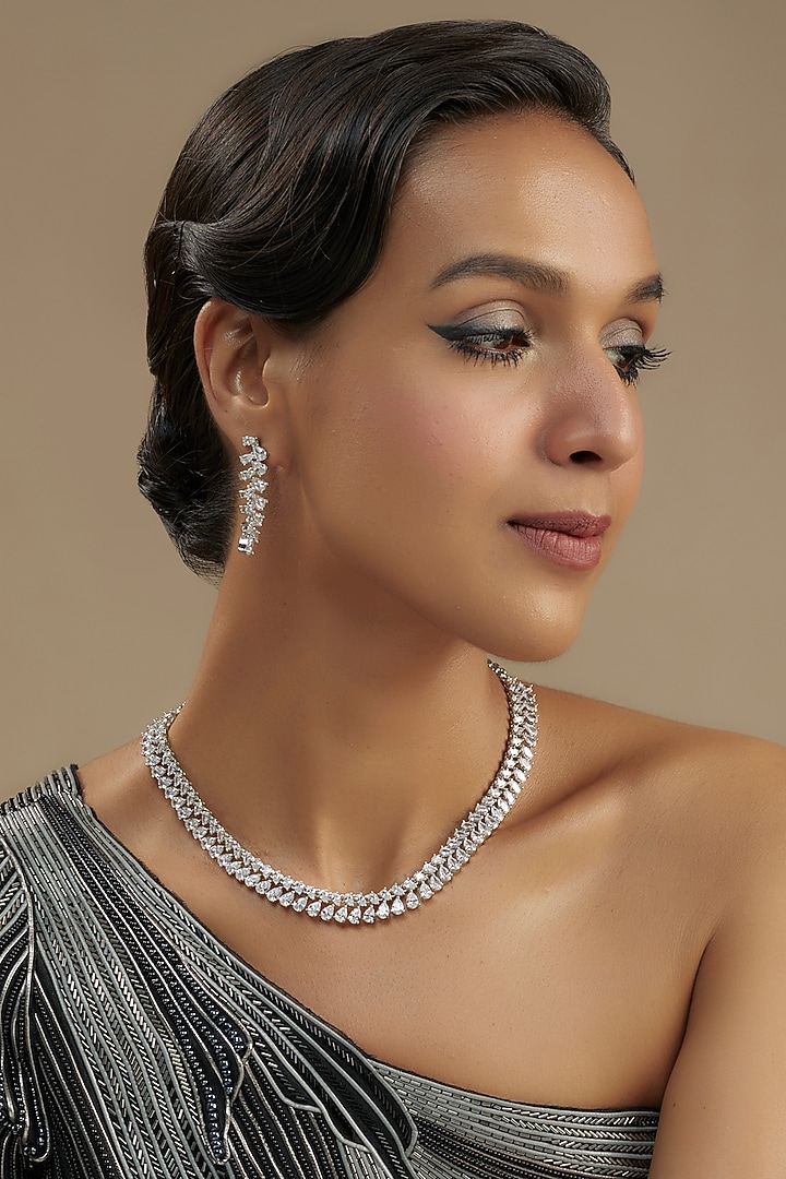 White Finish Diamond Necklace Set by Zevar by Geeta at Pernia's Pop Up Shop