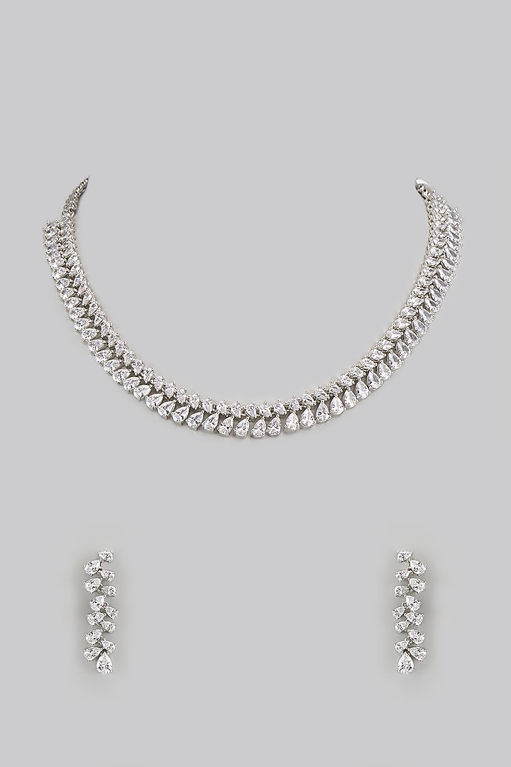White Finish Diamond Necklace Set by Zevar by Geeta at Pernia's Pop Up Shop