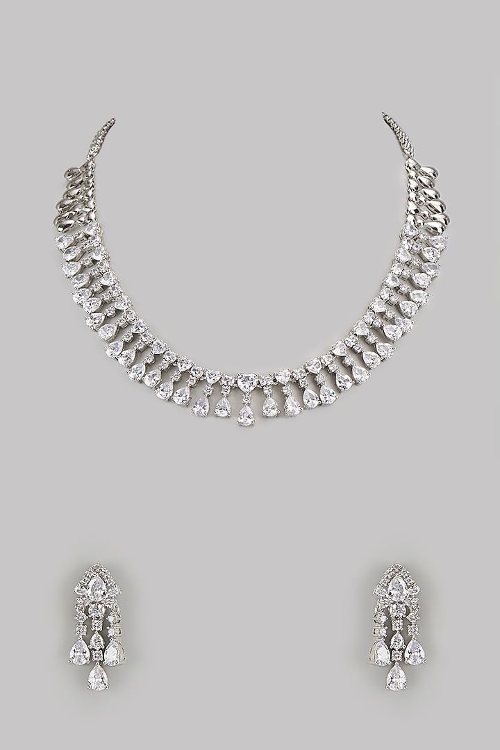 White Finish Diamond Necklace Set by Zevar by Geeta at Pernia's Pop Up Shop