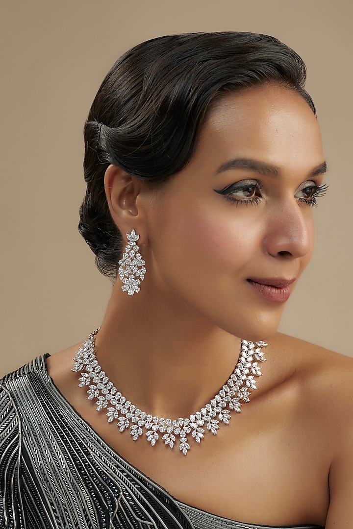 White Finish Diamond Floral Necklace Set by Zevar by Geeta at Pernia's Pop Up Shop