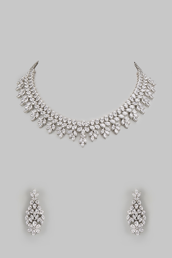 White Finish Diamond Floral Necklace Set by Zevar by Geeta at Pernia's Pop Up Shop