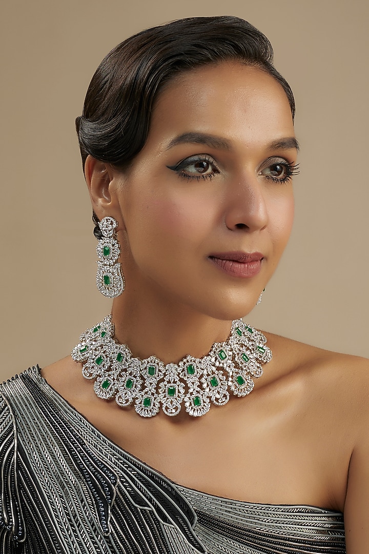 White Finish Diamond & Green Stone Necklace Set by Zevar by Geeta at Pernia's Pop Up Shop