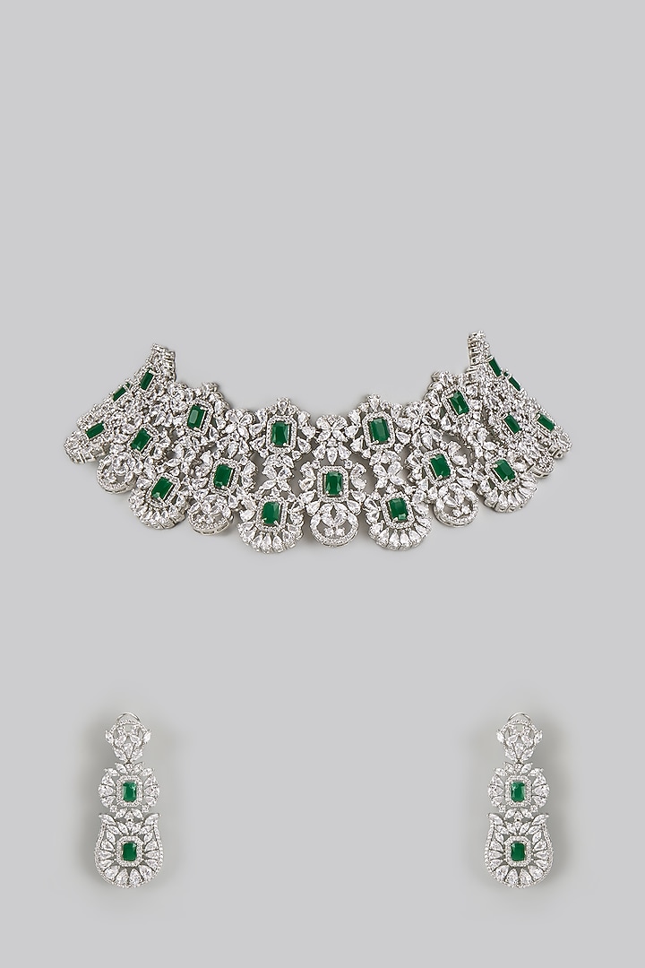 White Finish Diamond & Green Stone Necklace Set by Zevar by Geeta at Pernia's Pop Up Shop