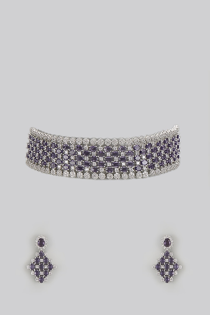 White Finish Diamond & Purple Stone Choker Necklace Set by Zevar by Geeta at Pernia's Pop Up Shop