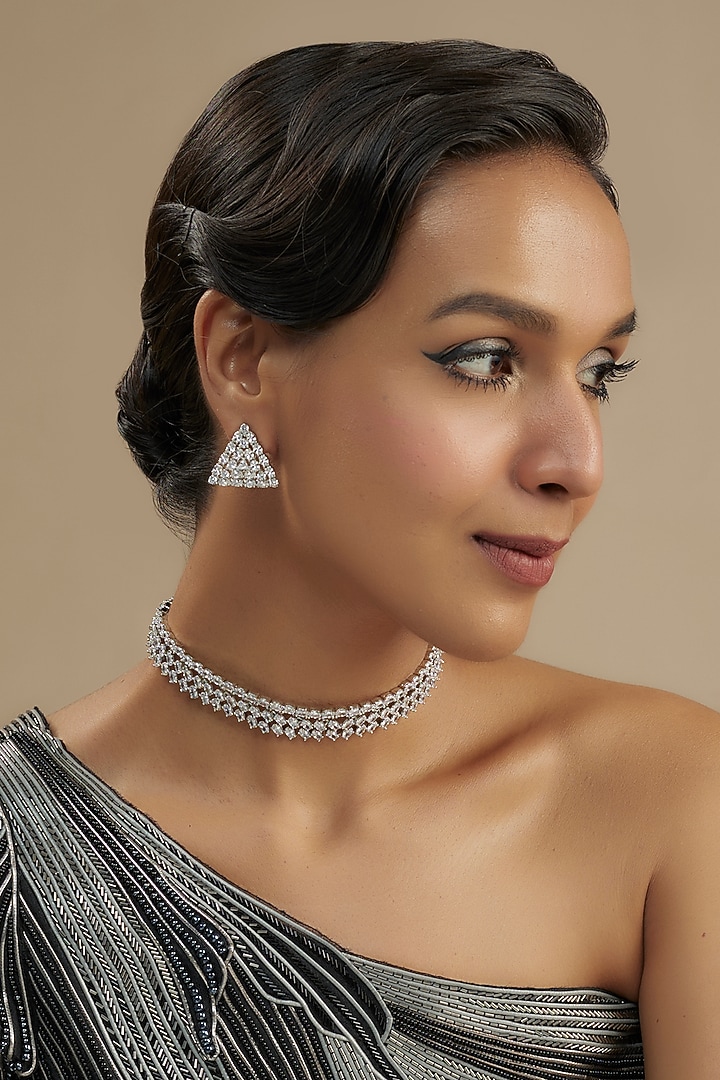 White Finish Diamond Layered Necklace Set by Zevar by Geeta at Pernia's Pop Up Shop
