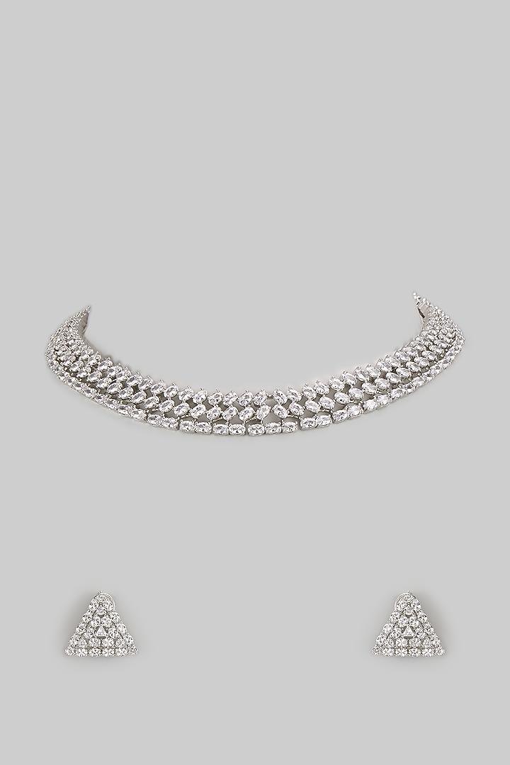 White Finish Diamond Layered Necklace Set by Zevar by Geeta at Pernia's Pop Up Shop