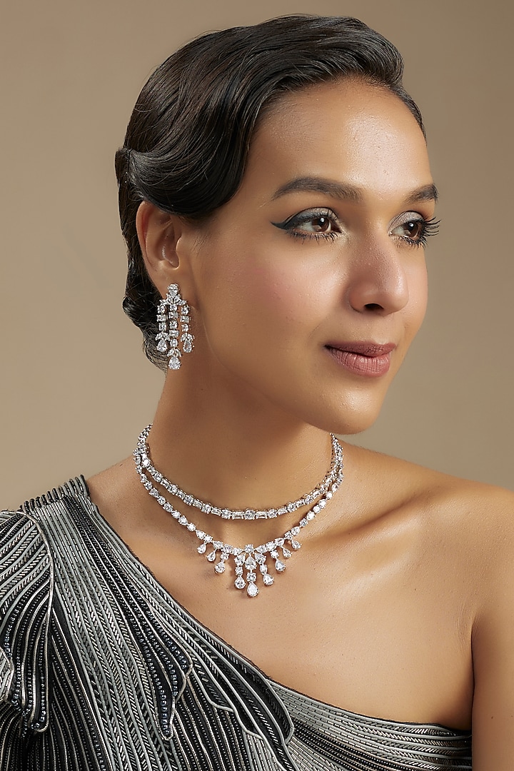 White Finish Diamond Layered Necklace Set by Zevar by Geeta at Pernia's Pop Up Shop