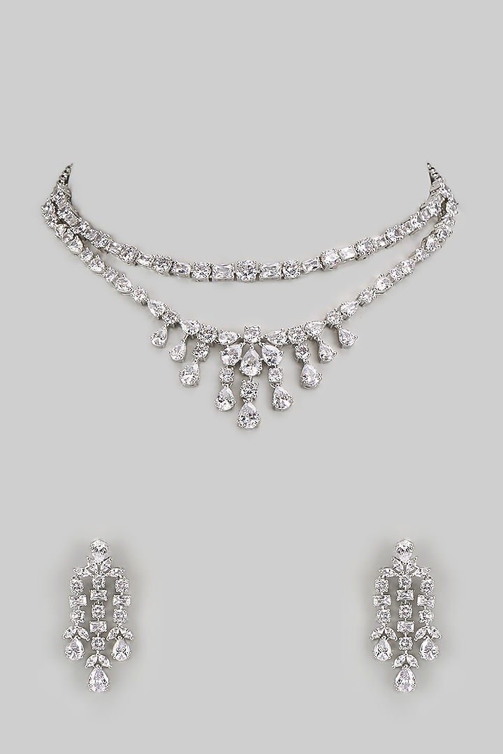White Finish Diamond Layered Necklace Set by Zevar by Geeta at Pernia's Pop Up Shop