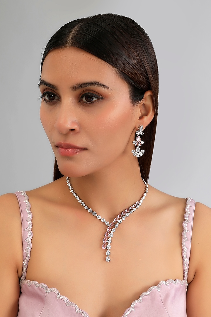 White Finish Diamond & Pink Stone Pendant Necklace Set by Zevar By Geeta at Pernia's Pop Up Shop