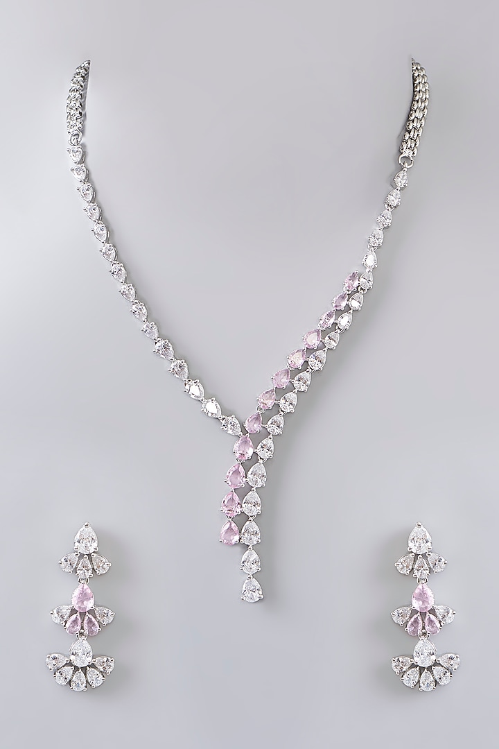 White Finish Diamond & Pink Stone Pendant Necklace Set by Zevar By Geeta at Pernia's Pop Up Shop