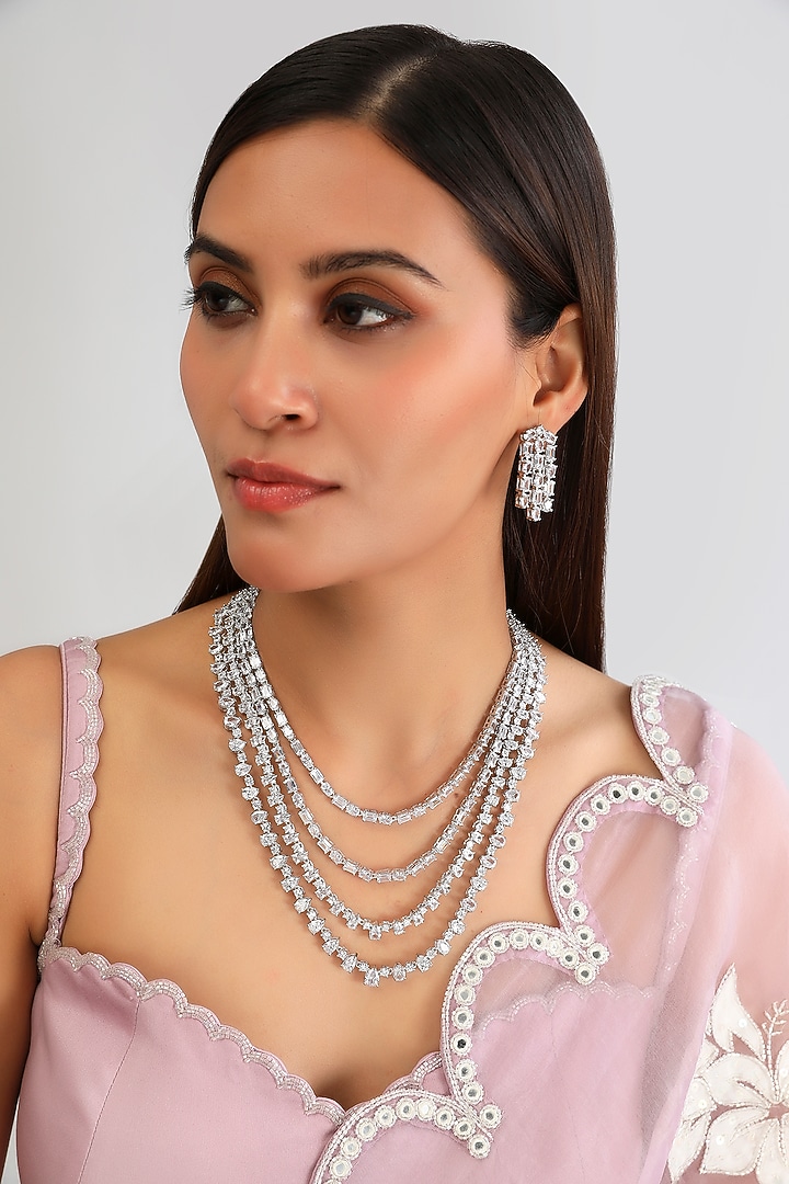 White Finish Diamond Layered Long Necklace Set by Zevar By Geeta at Pernia's Pop Up Shop