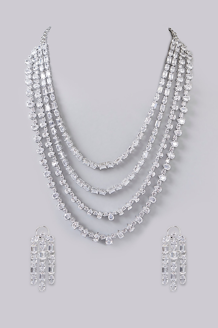 White Finish Diamond Layered Long Necklace Set by Zevar By Geeta at Pernia's Pop Up Shop