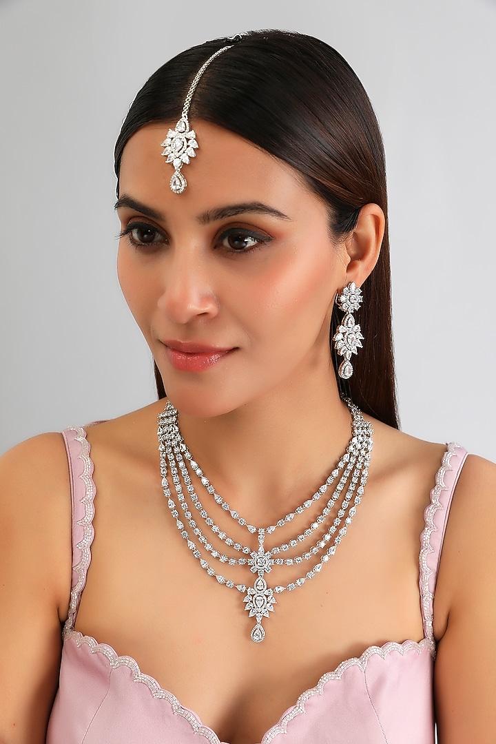 White Finish Diamond Layered Necklace Set by Zevar By Geeta at Pernia's Pop Up Shop