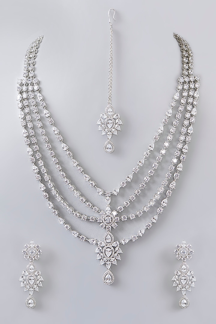 White Finish Diamond Layered Necklace Set by Zevar By Geeta at Pernia's Pop Up Shop