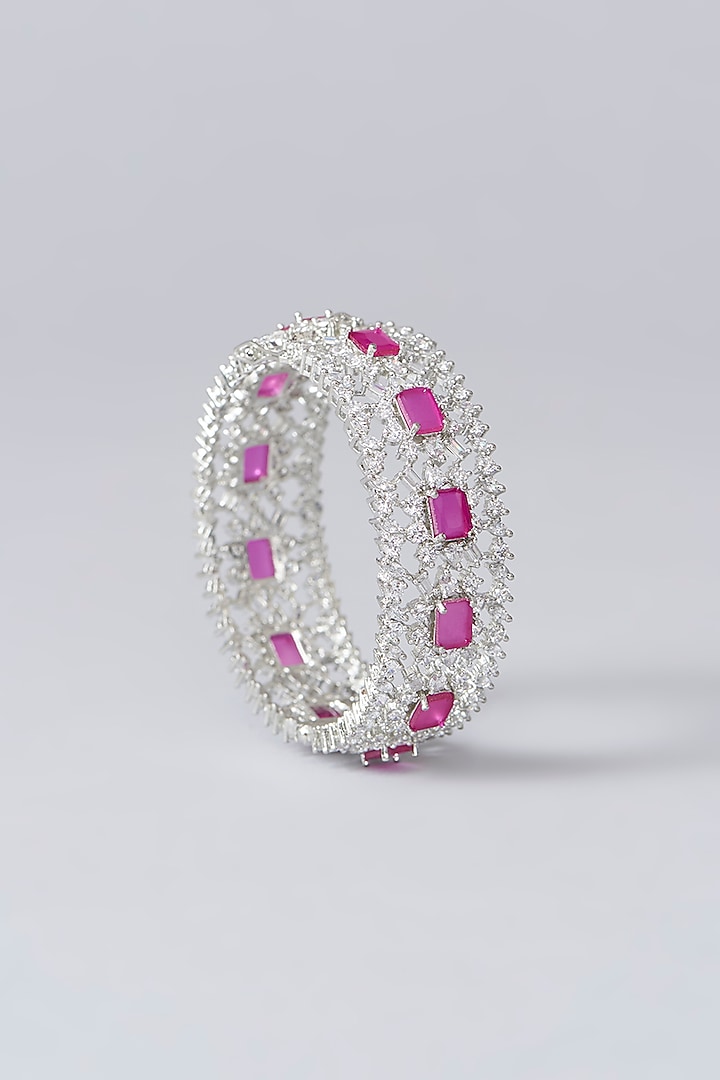 White Finish Diamond & Pink Stone Bangles (Set of 2) by Zevar By Geeta at Pernia's Pop Up Shop