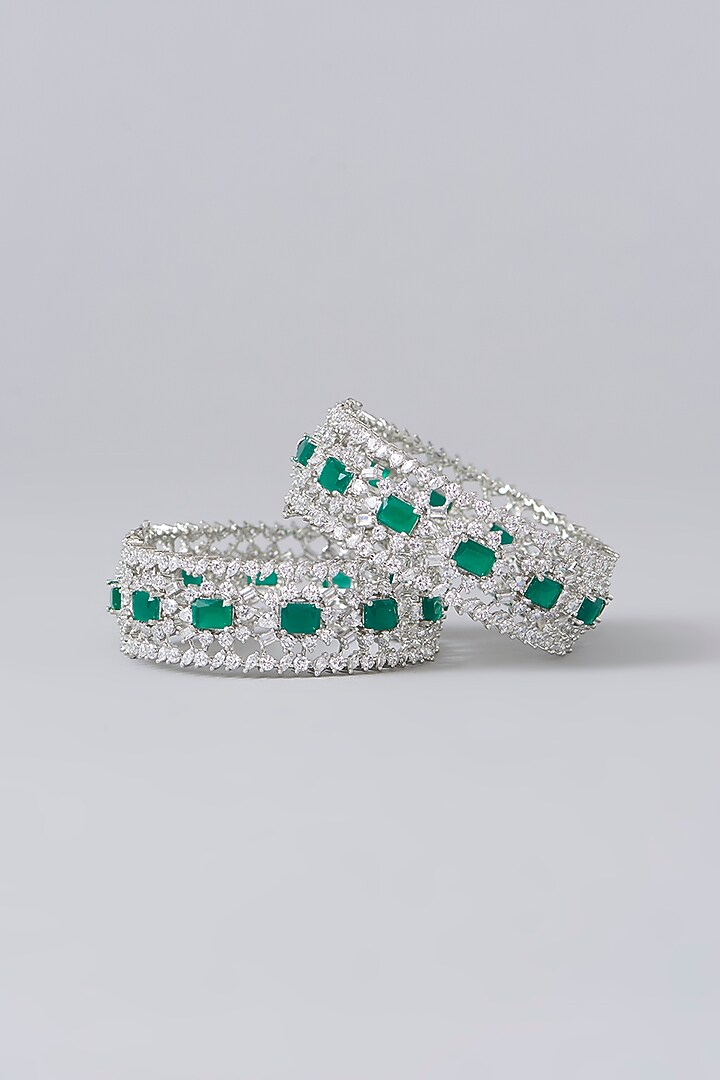 White Finish Diamond & Green Stone Bangles (Set of 2) by Zevar By Geeta at Pernia's Pop Up Shop