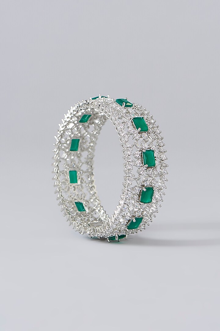 White Finish Diamond & Green Stone Bangles (Set of 2) by Zevar By Geeta at Pernia's Pop Up Shop