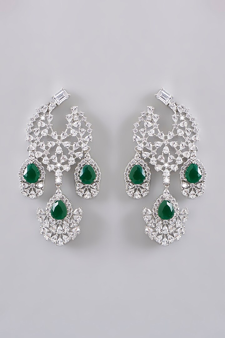White Finish Diamond & Green Stone Dangler Earrings by Zevar By Geeta at Pernia's Pop Up Shop