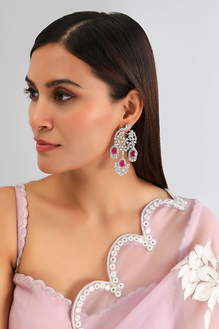 White Finish Diamond & Ruby Stone Dangler Earrings by Zevar By Geeta at Pernia's Pop Up Shop