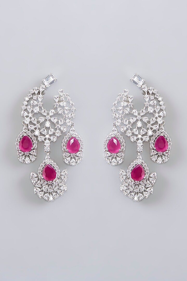 White Finish Diamond & Ruby Stone Dangler Earrings by Zevar By Geeta at Pernia's Pop Up Shop