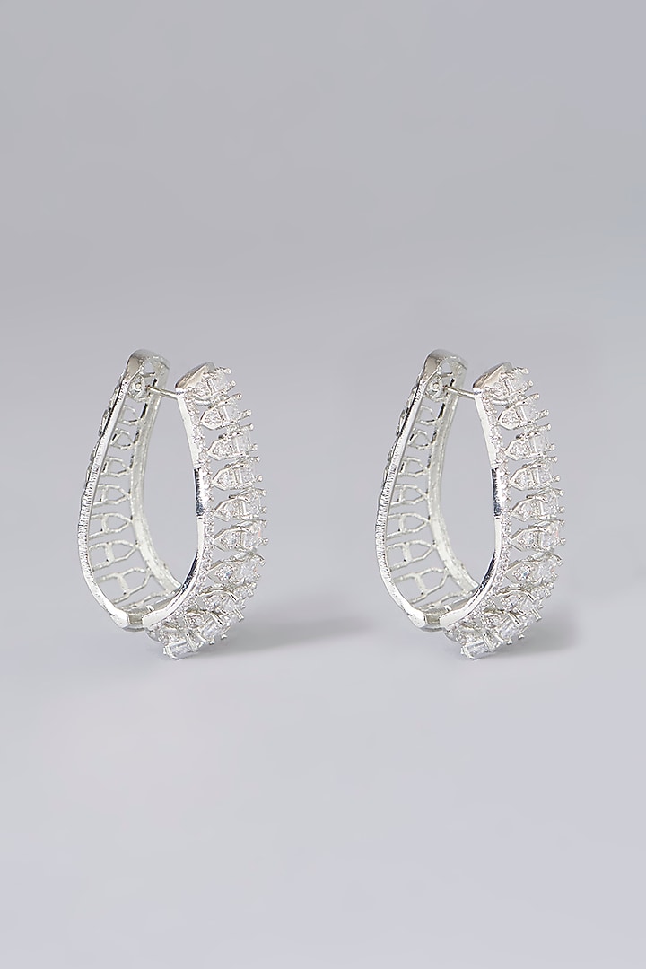 White Finish Diamond Hoop Earrings by Zevar By Geeta at Pernia's Pop Up Shop