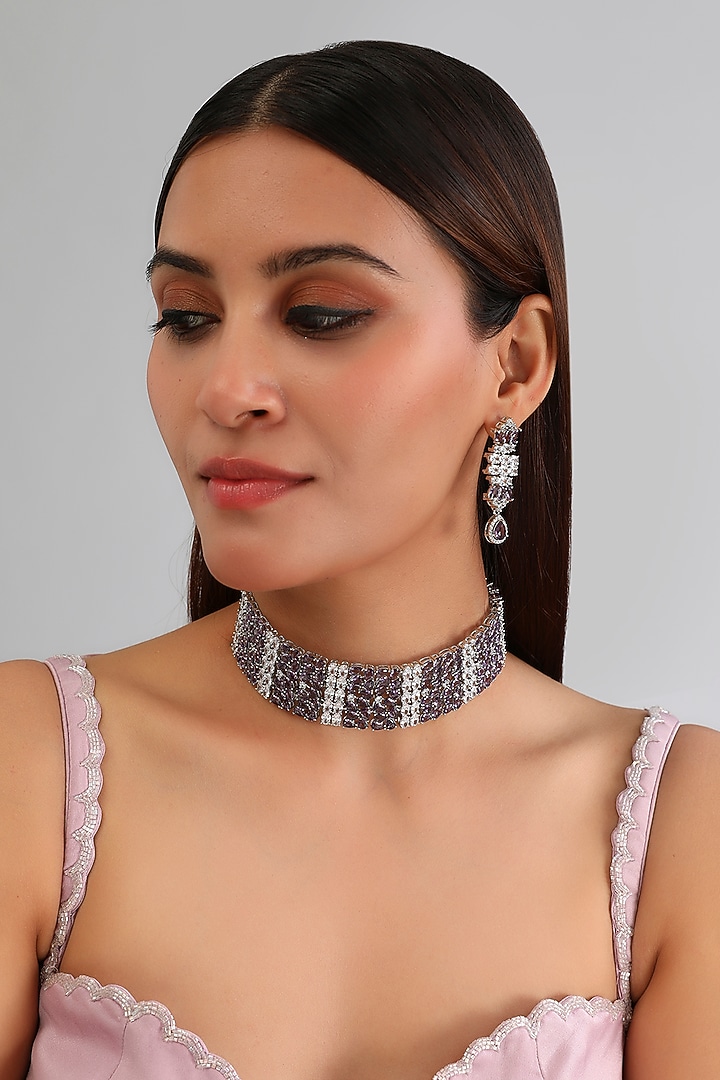 White Finish Diamond & Purple Stone Choker Necklace Set by Zevar By Geeta at Pernia's Pop Up Shop