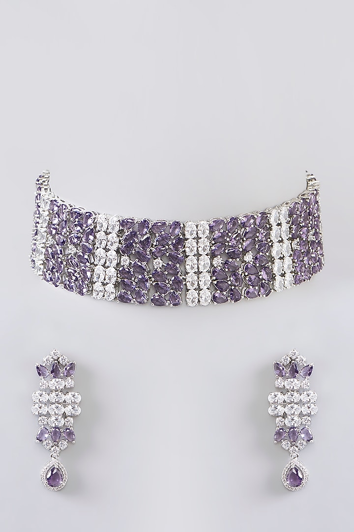 White Finish Diamond & Purple Stone Choker Necklace Set by Zevar By Geeta at Pernia's Pop Up Shop