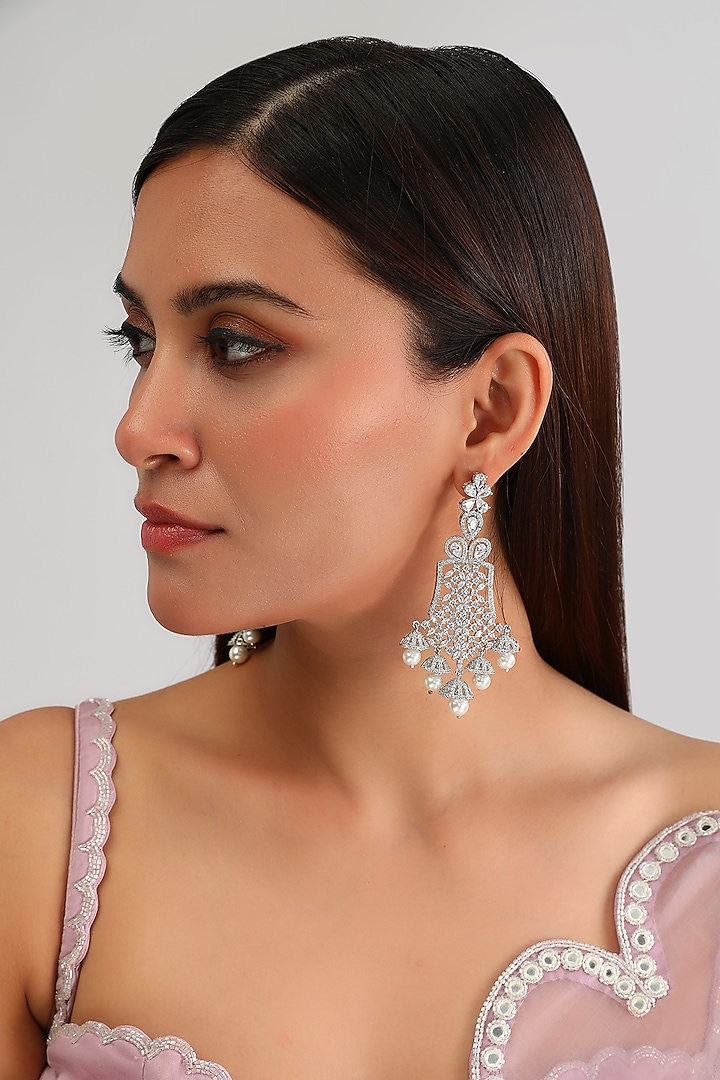 White Finish Diamond & Pearl Drop Dangler Earrings by Zevar By Geeta at Pernia's Pop Up Shop