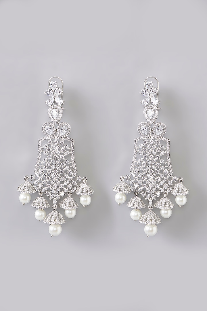 White Finish Diamond & Pearl Drop Dangler Earrings by Zevar By Geeta at Pernia's Pop Up Shop