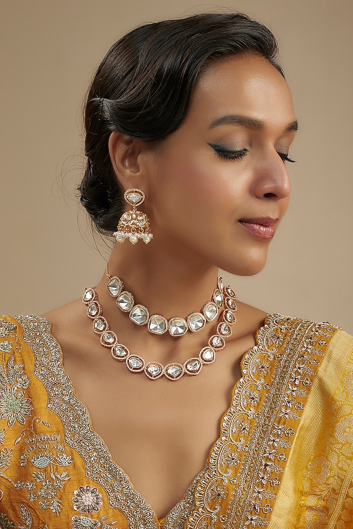 Gold Finish Kundan Polki Necklace Set by Zevar By Geeta at Pernia's Pop Up Shop