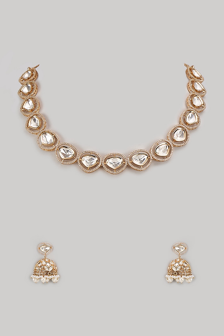 Gold Finish Kundan Polki Necklace Set by Zevar By Geeta at Pernia's Pop Up Shop