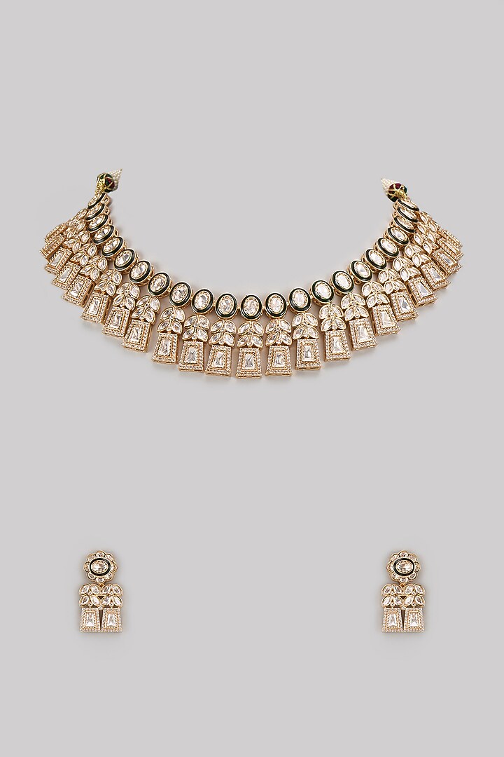 Gold Finish Kundan Polki Necklace Set by Zevar By Geeta at Pernia's Pop Up Shop