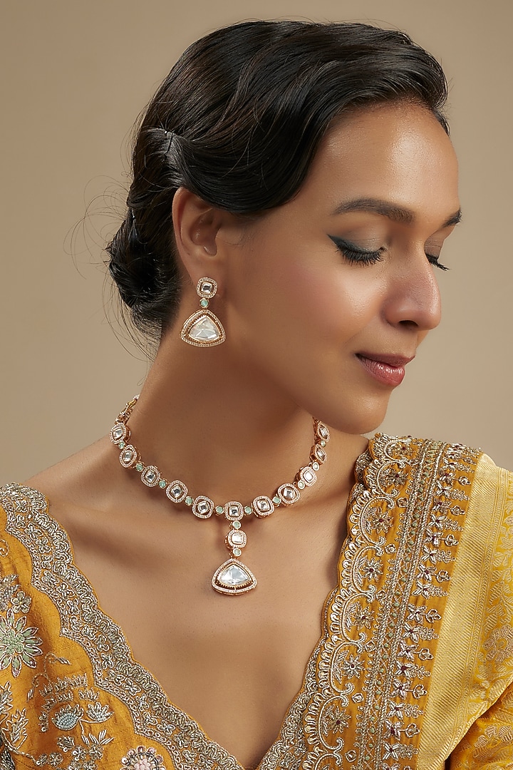 Gold Finish Kundan Polki & Mint Green Stone Pendant Necklace Set by Zevar By Geeta at Pernia's Pop Up Shop