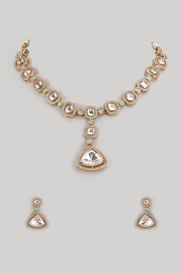 Gold Finish Kundan Polki & Mint Green Stone Pendant Necklace Set by Zevar By Geeta at Pernia's Pop Up Shop