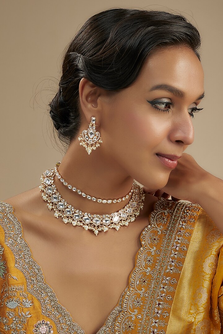Gold Plated Kundan Polki Necklace Set by Zevar By Geeta at Pernia's Pop Up Shop